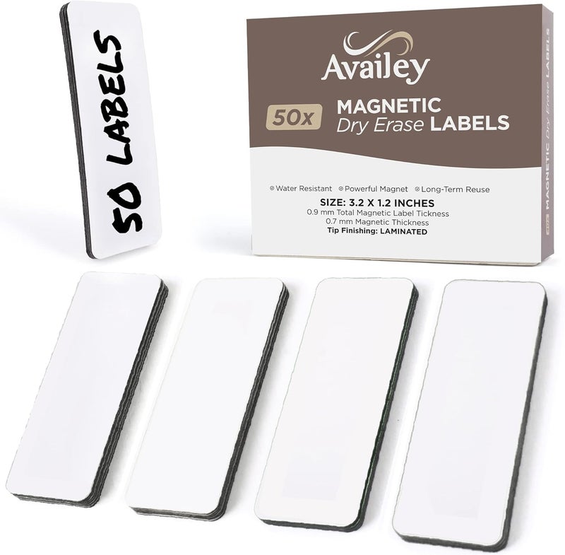 Availey. 50 قطعة (3.2 × 1.2) - ملصقات بيضاء مغناطيسية قابلة للمسح الجاف - شرائط قابلة لإعادة الاستخدام للفصول الدراسية، المنزل، المكتب، المرآب، الثلاجة، بطاقات فارغة قابلة للكتابة والمسح، بطاقات أسماء، خزائن الطلاب، الرفوف - Image 1